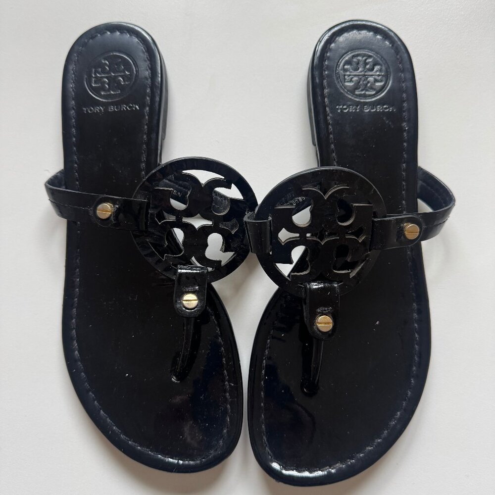 Tory Burch Black Patent Miller Sandals, Size 8